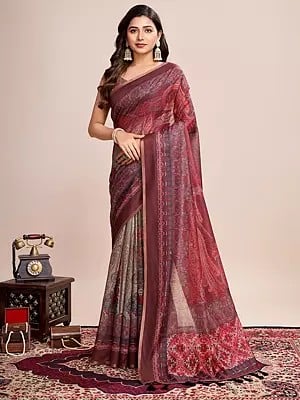 Rose-Taupe Big Paisleys Motifs Print Designer Semi Linen Saree With Tassels Pallu