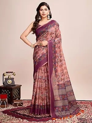 Rose-Bud All Over Floral Print Semi Linen Festive Wear Saree With Striped Pallu