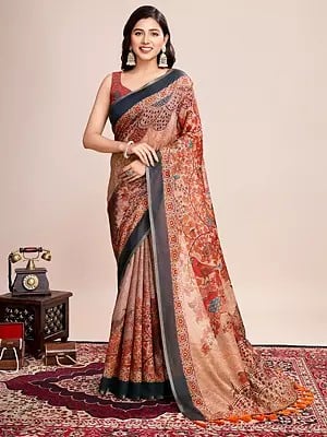 Floral And Bird Printed Semi Linen Saree With Blouse For Casual Occasion