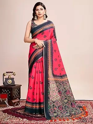 Radical-Red Small Motifs All Over Printed Semi Linen Attractive Saree With Designer Tassels Pallu