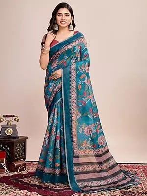 Eastern-Blue Semi Linen Floral Printed Attractive Festive Wear Saree With Striped Tassels Pallu