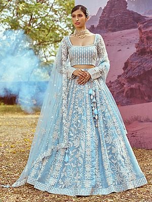 Organza Sequins And Floral Embroidery Work Lehenga Choli With Floral Net Matching Dupatta