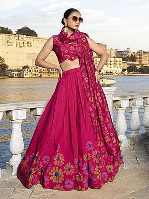 Tussar Silk Floral Print And Foil Work Designer Party Wear Lehenga Choli With Tassels Dupatta