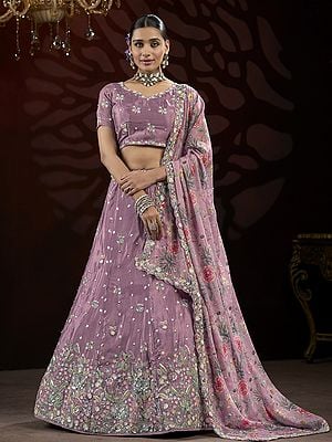 Sequins And Thread Embroidery Net Party Wear Lehenga Choli With Flower Pattern Matching Dupatta