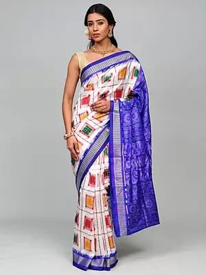 Lucent-White Ashwini Silk Ikat Handloom Saree with Woven Rudraksha Border and Contrast Pallu from Sambalpur