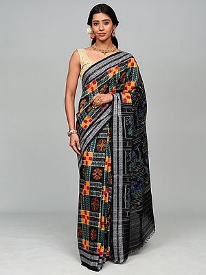 Tri-Color Ikat Handloom Sambalpuri Saree with Woven Fishes Border