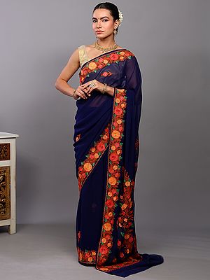 Georgette Kashmiri Saree with Aari Embroidered Multicolor Flowers