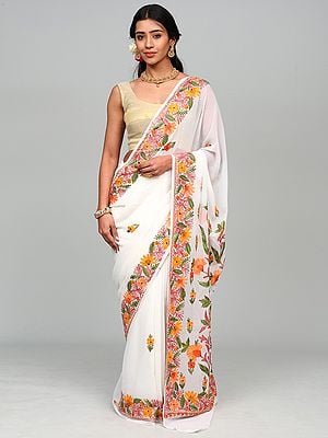 Cannoli-Cream Floral Aari Embroidered Georgette Saree from Kashmir