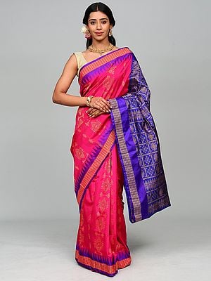 Tribal Motifs Bomkai Saree with Temple Border from Odisha and Contrast Border and Anchal