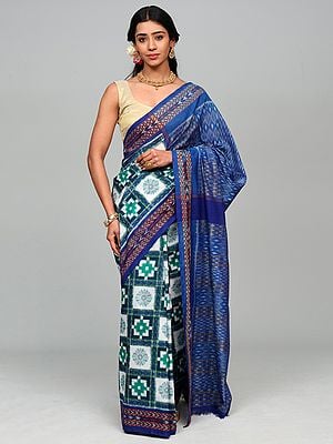 Tri-Color Blue, Green and White Pure Cotton Ikat Handloom Sambalpuri Saree from Odisha