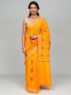 Radiant-Yellow Pure Cotton Sambalpuri Saree with Thread Woven Motifs and Rudraksha Border