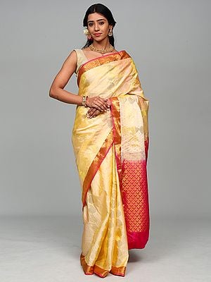 Summer-Melom Intricate Golden Thread work Pure Silk Saree with Paisley Motifs and Contrast Anchal