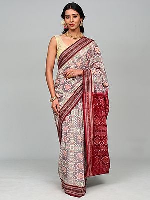 Green and Red Handloom Ikat Saree with Floral Motifs and Rudraksha Border from Sambalpur