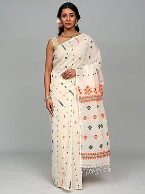 Cannoli-Cream Traditional Jamdani Handloom Saree from Bengal with Woven Floral Bootis