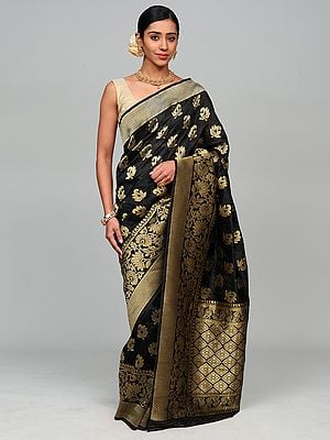 Bristol-Black Art Silk Saree from Bangalore with All-Over Zari Woven Flowers