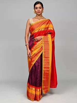 Plum-Purple Pure Silk Temple Border Saree from Bangalore with Zari Weave and Contrast Pallu