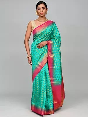 Pepper-Green Saree with Intricate Zari Thread Work Bootis and Floral Motifs Contrast Border-Pallu