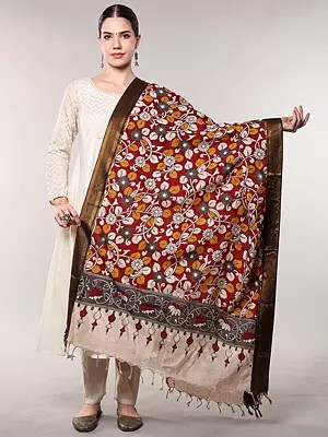 Printed Floral Vines Kalamkari Dupatta from Telangana with Zari work Border