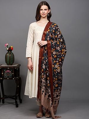 Kalamkari Dupatta from Telangana with Floral Vine Print and Zari work Border