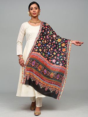 Jet-Black Diamond Weave Stole with Multicolor Printed Paisleys-Flowers from Amritsar