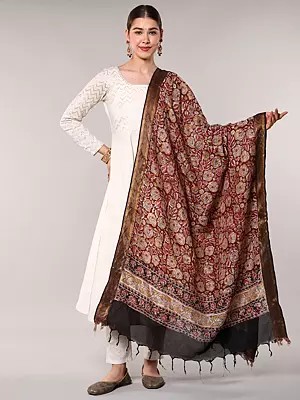 Kalamkari Dupatta from Telangana with Zari Border and Flower Leaf Print