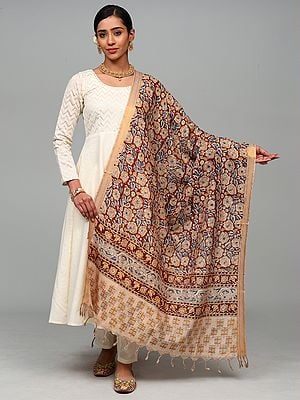 Red-Pear Kalamkari Dupatta from Telangana with Zari Border and Flower Leaf Print