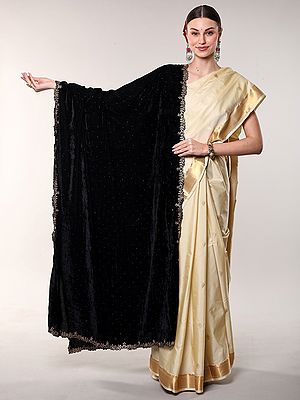 Velvet Dupatta from Amritsar with Golden Thread woven Floral Scalloped Border and Bead work