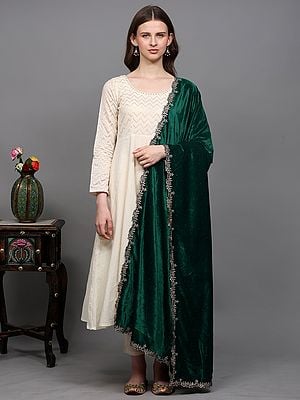 Velvet Dupatta from Amritsar with Golden Thread woven Floral Scalloped Border and Bead work