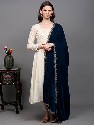 Velvet Dupatta from Amritsar with Golden Thread woven Floral Scalloped Border and Bead work
