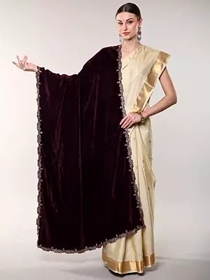 Velvet Dupatta from Amritsar with Golden Thread woven Floral Scalloped Border and Bead work