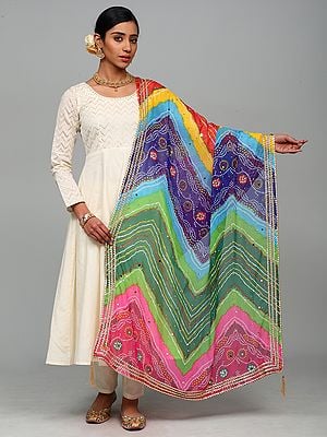 Multicolor Georgette Bandhani Dupatta with Bead-Mirror work and Gotta Patti Border