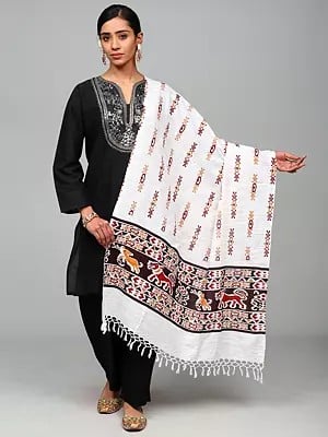 Snow-White Cotton Dupatta with Printed Jungle Scene Border