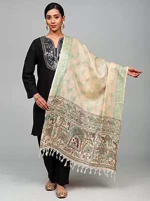 Madhubani Art Viscose Dupatta from Bihar with Printed Wedding Palanquin and Peacocks