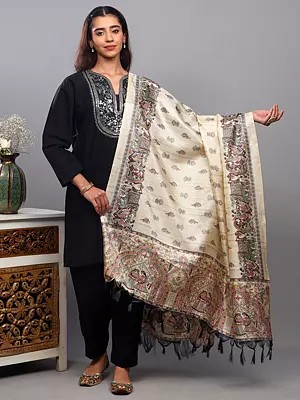 Madhubani Art Dupatta with Printed Marriage Procession and Fishes