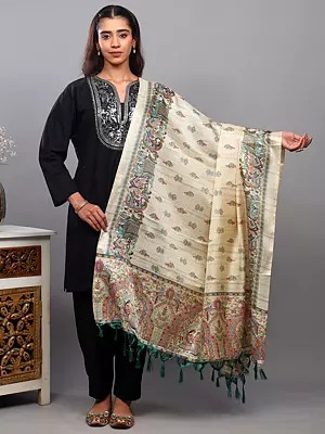 Madhubani Art Dupatta with Printed Marriage Procession and Fishes