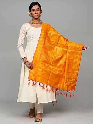 Red Art Silk Shawl Featuring Woven Shiv Ling, Nandi, and Om Namah Shivay