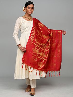 Red Art Silk Shawl Featuring Woven Shiv Ling, Nandi, and Om Namah Shivay