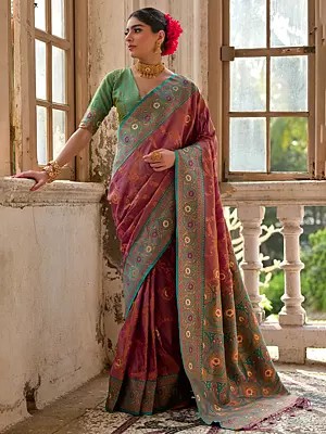 Banarasi Silk Flower Printed And Zari Woven Work Saree With Contrast Tassels Pallu
