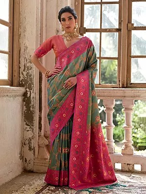 Banarasi Silk Flower Printed And Zari Woven Work Saree With Contrast Tassels Pallu