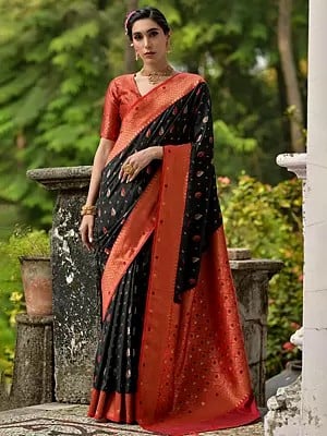 Zari Woven Leaf Design Banarasi Silk Saree And Contrast Pallu For Casual Occasion