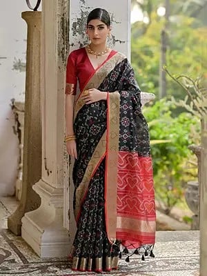 All Over Ikat Woven Design Raw Silk Casual Wear Saree With Contrast Tassels Pallu