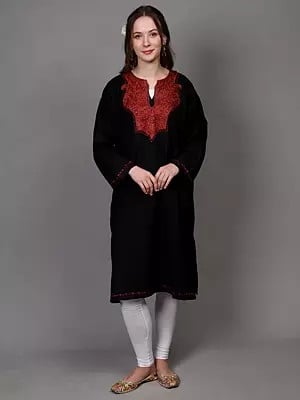 Wool Kashmiri Phiran with Aari Embroidered Paisleys on Neck and Side Pockets