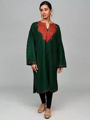 Wool Kashmiri Phiran with Aari Embroidered Paisleys on Neck and Side Pockets