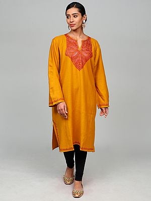 Tawny-Olive Wool Kashmiri Phiran with Paisley Sozni Embroidery on Neck