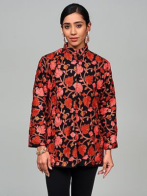 Moonless-Night Wool Short Jacket from Kashmiri with Aari Embroidered Maple Leaf and Side Pockets