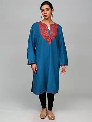 Moroccan-Blue Sozni Embroidered Wool Phiran with Paisley Motifs on Neck from Kashmir