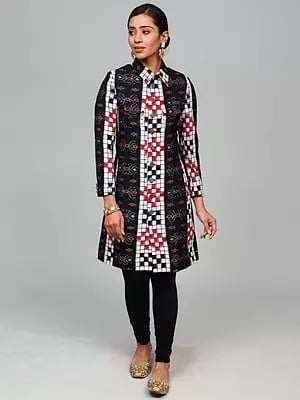 White and Black Pure Cotton Handloom Long Jacket with All-Over Ikat Weave and Front Pockets