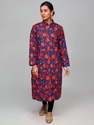 Sailor-Blue Long Jacket from Kashmir with Aari Embroidered Maple Leaf Pattern