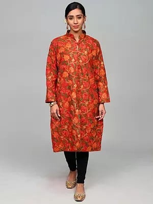 Mecca-Orange Kashmiri Long Jacket with Aari Embroidered Maple Vines