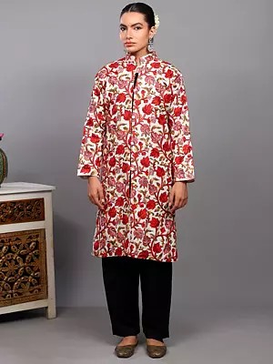 Aari Embroidered Long Jacket From Kashmir with Floral Vine Patterns